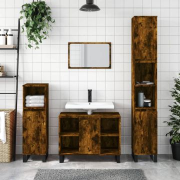 vidaXL Set mobilier de baie, 3 piese, stejar fumuriu, lemn prelucrat
