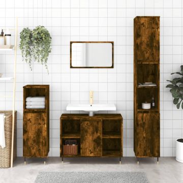 vidaXL Set mobilier de baie, 3 piese, stejar fumuriu, lemn prelucrat