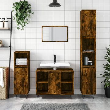 vidaXL Set mobilier de baie, 3 piese, stejar fumuriu, lemn prelucrat