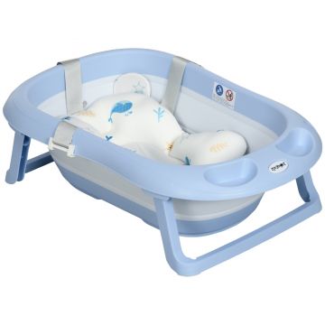 ZONEKIZ Cadita pentru Baie Pliabila pentru Copii 0-6 ani cu Perna si 2 Spatii de Depozitare Incluse, 83x48x23.5 cm, Albastru si Alb