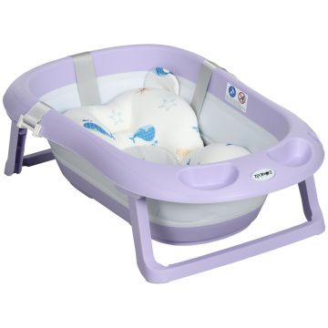 ZONEKIZ Cadita pentru Baie Pliabila pentru Copii 0-6 ani cu Perna si 2 Spatii de Depozitare Incluse, 83x48x23.5 cm, Violet si Alb