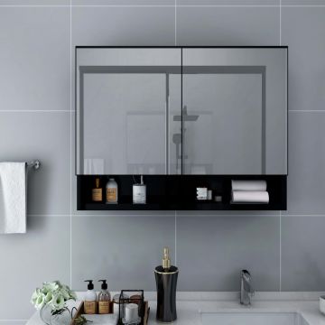 Dulap de baie cu oglindă și LED-uri negru 80 x 15 x 60 cm MDF