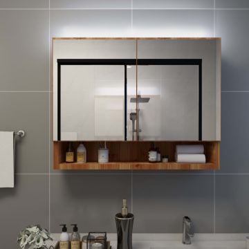 Dulap de baie cu oglindă și LED-uri stejar 80 x 15 x 60 cm MDF