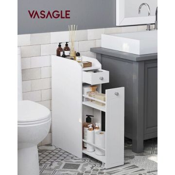 Dulap ingust pentru baie cu sertare pe sina, Vasagle, 18 x 40 x 70 cm, MDF, alb