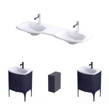 Set dulap baza suspendat Oristo Louis bleumarin 4 sertare cu lavoar alb 144 cm