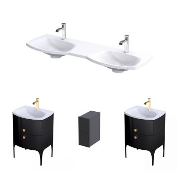 Set dulap baza suspendat Oristo Louis negru 4 sertare cu lavoar alb mat 144 cm