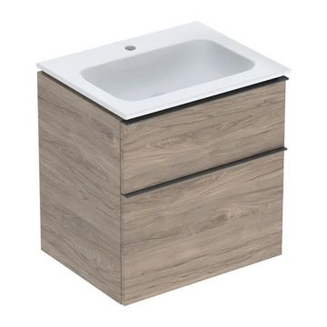 Set dulap baza suspendat Geberit iCon finisaj nuc Hickory 2 sertare si lavoar alb 60 cm