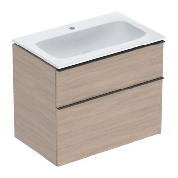 Set dulap baza suspendat Geberit iCon finisaj stejar 2 sertare si lavoar 75 cm alb