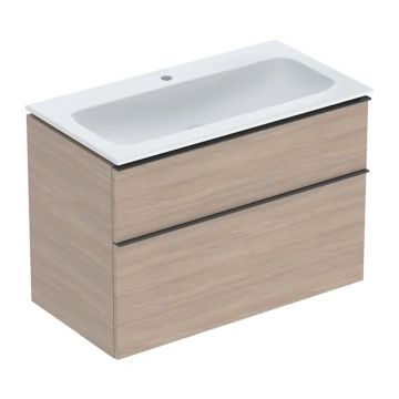 Set dulap baza suspendat Geberit iCon finisaj stejar 2 sertare si lavoar 90 cm alb