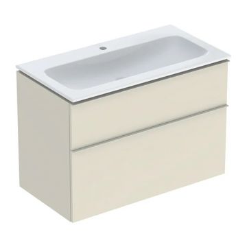 Set dulap baza suspendat Geberit iCon gri nisip lucios 2 sertare si lavoar 90 cm alb