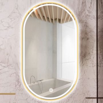 Oglinda Fluminia Dali-Gold cu rama de aluminiu finisaj auriu, iluminare LED 3 culori si dezaburire, ovala, 50x95 cm
