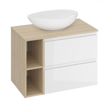 Set mobilier baie pentru lavoar, 2 sertare, blat inclus, polite prosop, alb-stejar, 80 cm, Cersanit Moduo