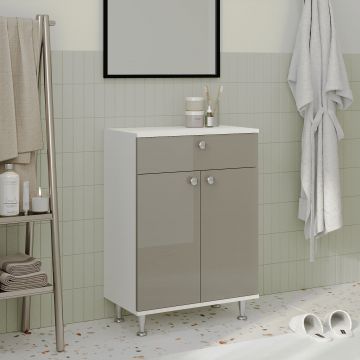 Corp Baie Zaria, 1 Sertar, 2 Usi, Gri Lucios/Alb, MDF, L 60 x l 35 x H 85 cm