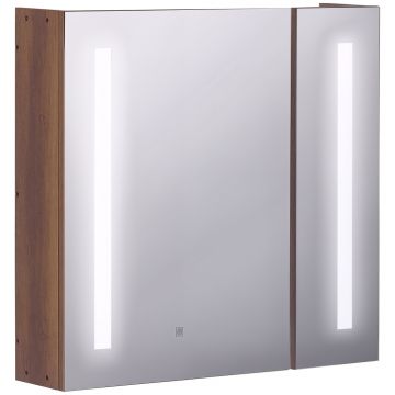 Kleankin Oglindă de Baie cu Lumini LED Reglabile, Dulap de Baie cu 2 Uși cu Oglindă și Raft Reglabil, 70x15x65 cm, Maro | Aosom Romania