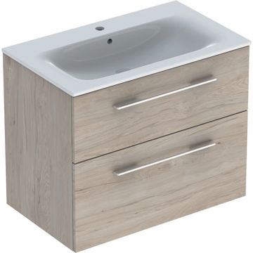 Set lavoar cu mobilier Geberit Selnova Square cu doua sertare 80 cm Nuc American Deschis