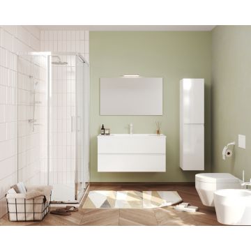 Set Mobilier baie cu lavoar SaviniDue, oglindă și lampă, colecția Easy, lățime de 100 cm, alb lucios