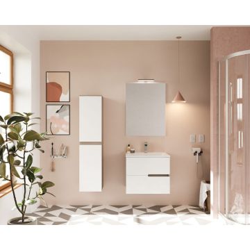 Set Mobilier baie cu lavoar SaviniDue, oglindă și lampă, colecția Eva, lățime de 60 cm, alb lucios cu lemn închis
