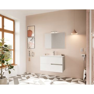 Set Mobilier baie cu lavoar SaviniDue, oglindă și lampă, colecția Eva, lățime de 80 cm, alb lucios cu lemn deschis