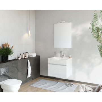 Set Mobilier baie cu lavoar SaviniDue, oglindă și lampă, lățime de 60 cm, imitație lemn deschis