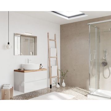 Set mobilier de baie cu blat, oglindă cu LED și lampă SaviniDue, lățime de 80 cm, alb lucios și blat imitație lemn
