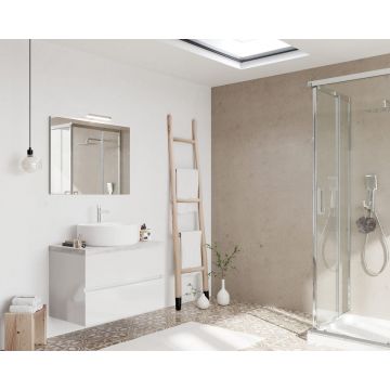 Set mobilier de baie cu blat, oglindă cu LED și lampă SaviniDue, lățime de 80 cm, alb lucios și blat imitație piatră