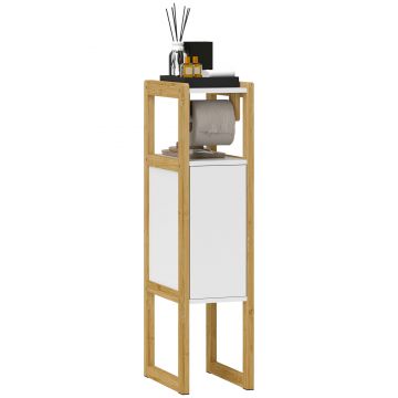 HOMCOM Mobilier de Baie cu Suport pentru Hârtie Igienică, Dulap și Raft, Dulap Compact din Bambus, 20x33x80 cm, Alb | Aosom Romania