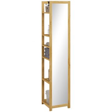 HOMCOM  Poliță Baie pe 6 Niveluri cu Oglindă, Suport de Depozitare Multifuncțional, 35x35x168 cm, Lemn Natural | Aosom Romania