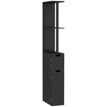 Kleankin Coloană de Baie cu 2 Rafturi și 2 Dulapuri, Mobilier Înalt de Baie Spațios din MDF, 15,2x29,8x118 cm, Negru | Aosom Romania