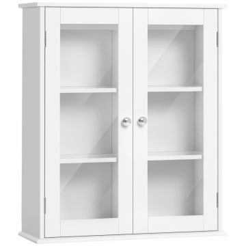 Kleankin Dulap de Baie Suspendat cu 2 Uși din Lemn și Sticlă, Dulap de Perete Multifuncțional, 55x20x65 cm, Alb | Aosom Romania