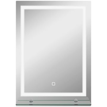 Kleankin Oglindă de Baie cu Lumini LED în 3 Culori Reglabile și Raft din Sticlă, 50x12x70 cm, Argintiu | Aosom Romania
