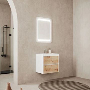 Set Mobilier Fluminia Fiori 60cm suspendat cu sertare soft close, alb+stejar auriu + lavoar 60 compozit - Culoare Alb pal