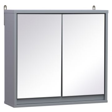 Dulapior de Baie de Perete cu Usa Dubla din Sticla cu Raft Reglabil, Gri,48x14.5x45cm HOMCOM | Aosom Romania