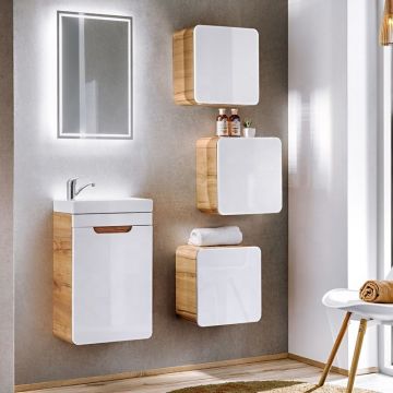 Set mobilier pentru baie din MDF, Aruba Alb / Stejar 40 cm, 6 piese Set mobilier pentru baie din MDF, Aruba Alb / Stejar 40 cm, 6 piese