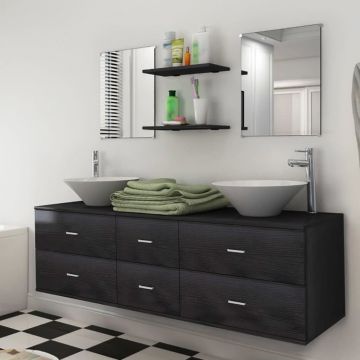vidaXL Set mobilier de baie, 9 piese, cu chiuvetă și robinet, negru
