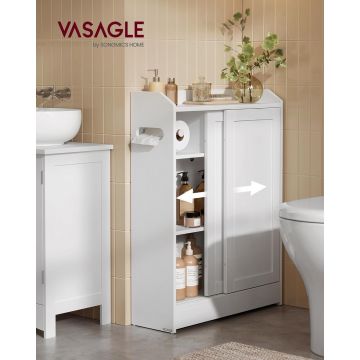Dulap ingust de baie cu suport hartie igienica si compartiment perie toaleta, Vasagle, 60x20x80 cm, MDF/otel, alb nor
