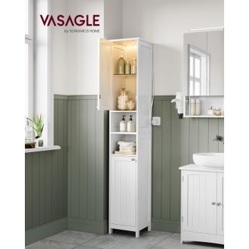 Dulap ingust pentru baie cu lumina integrata, Vasagle, 30x30x170 cm, MDF, alb cloud