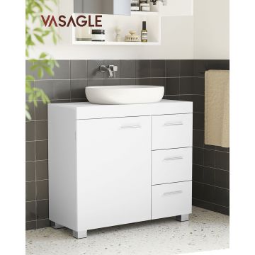 Dulap pentru baie / masca de lavoar cu 3 sertare, Vasagle, 70x30x64 cm, MDF, alb cloud