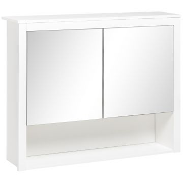 HOMCOM Armoire de baie cu oglinda, armoire montata, 2 usi cu oglinda, raft de depozitare, 80L x 20P x 65H cm, alb | Aosom Romania