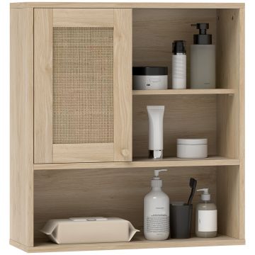 HOMCOM Armoire murale, mobilier suspensie baie cu ușă glisantă din răchită și rafturi deschise, lemn natural | Aosom Romania