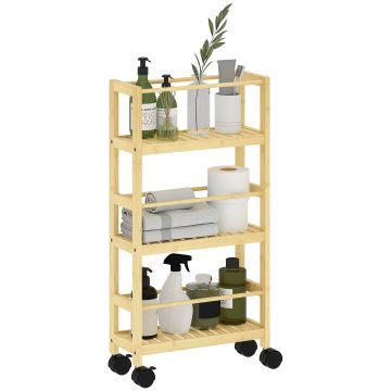 HOMCOM Cărucior de Baie cu 3 Niveluri cu Lamele și Roți 36x15x73 cm Culoare Lemn | Aosom Romania