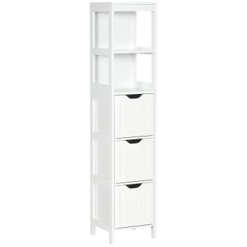 HOMCOM Coloană înaltă de Baie Îngustă cu 3 Sertare și 2 Rafturi Deschise Stil Modern 30x30x141,6 cm Alb | Aosom Romania