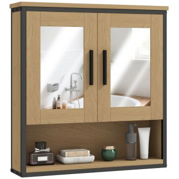 HOMCOM Dulap cu oglindă pentru baie, mobilier baie cu compartiment deschis și raft reglabil, stejar | Aosom Romania