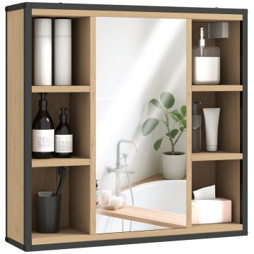HOMCOM Dulap de perete baie cu oglindă, 52 x 24,5 cm cu 6 compartimente deschise și raft reglabil, stejar | Aosom Romania HOMCOM Dulap de perete baie cu oglindă, 52 x 24,5 cm cu 6 compartimente deschise și raft reglabil, stejar | Aosom Romania