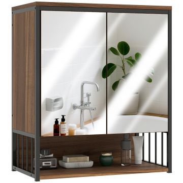 HOMCOM Dulap murale baie cu oglindă, dulap baie cu compartiment deschis ușă cu închidere amortizată maro | Aosom Romania