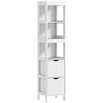 HOMCOM Mobilier de Baie cu 3 Rafturi Deschise și 2 Sertare, 30x30x141.2 cm, Alb | Aosom Romania