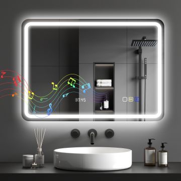 HOMCOM Oglindă de Baie cu LED 70x50 cm cu Bluetooth 3 Culori de Lumină Ceas Digital Funcție Antighear Funcție de Memorie | Aosom Romania