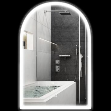 HOMCOM Oglindă de baie cu LED-uri 90 x 60 cm, montată pe perete, 3 culori, arcuită cu cadru din aluminiu, funcție anti-întunecare și comutator tactil | Aosom Romania