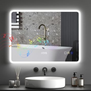 HOMCOM Oglindă de Baie cu Lumină LED 80x60 cm cu Bluetooth 3 Culori de Lumină Funcție Antiabur Funcție de Memorie IP44  | Aosom Romania