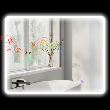 HOMCOM Oglindă de baie LED bluetooth 70 x 90 cm interruptor tactil lumină reglabilă 3 culori anti-abur memorie argintiu | Aosom Romania