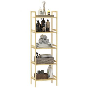 HOMCOM Raft de Depozitare pentru Baie cu 5 Niveluri, 43,5x31,5x142 cm, Lemn Natural | Aosom Romania